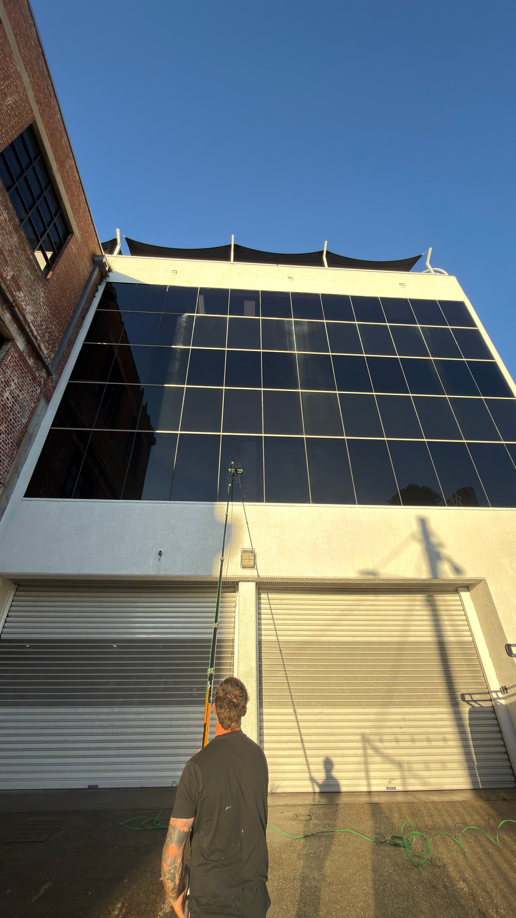 Person viewing modern glass building facade