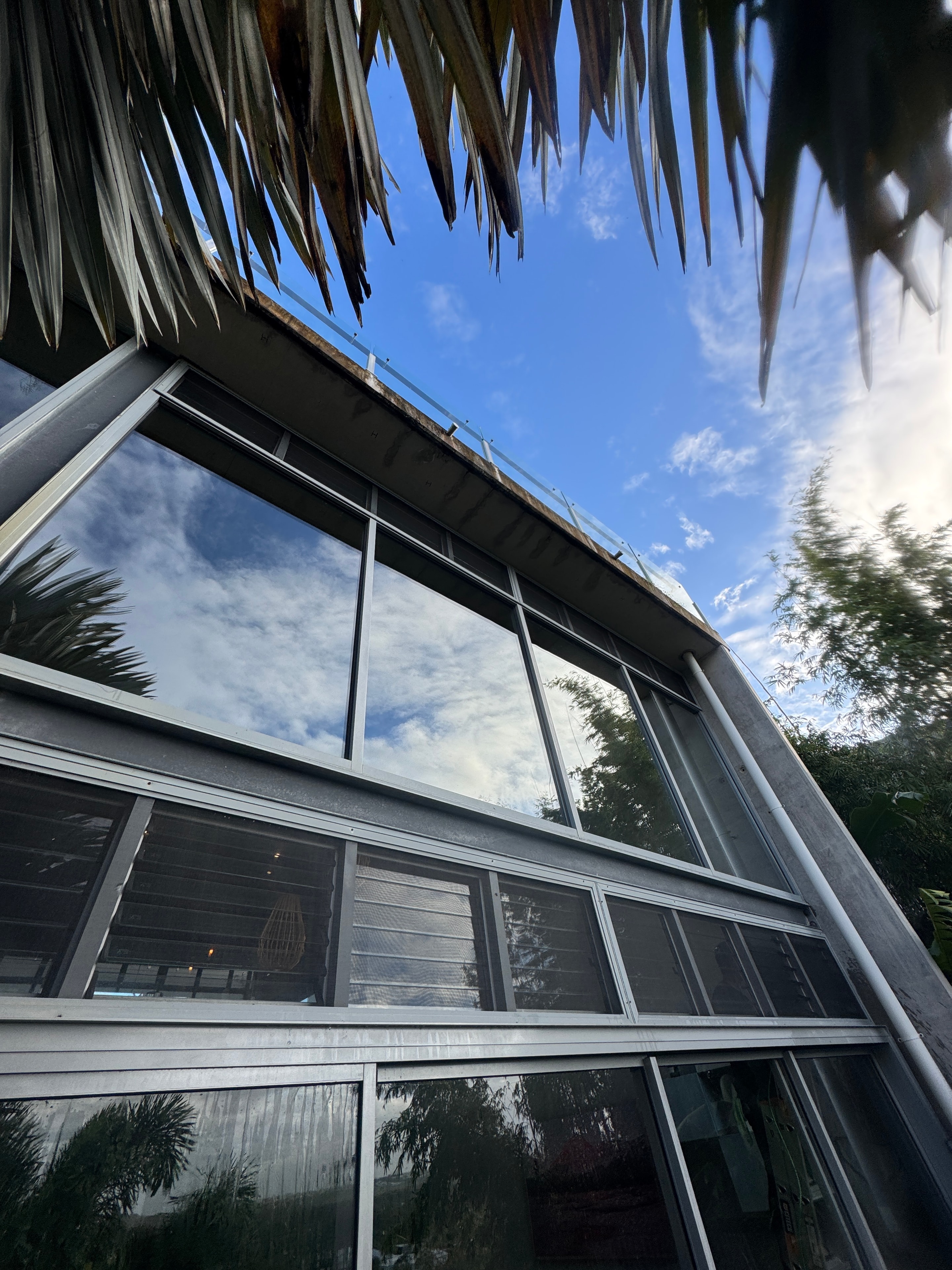 Modern house with large windows sky view